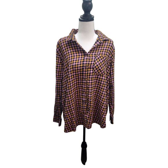 Old Navy Patterned Flannel Classic Shirt Women's Sz XL in Pink/Black/Orange Chec - Picture 2 of 6